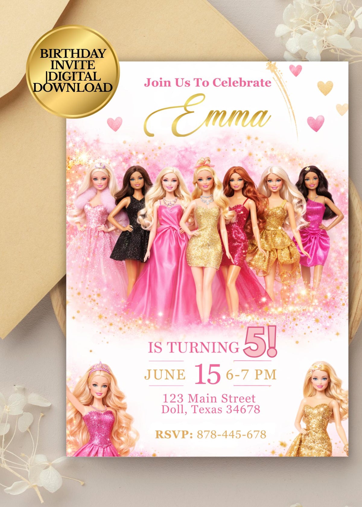 Custom fashion doll birthday invitation pink Barbie birthday invite for girls