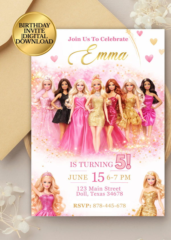 Custom Fashion Doll Birthday Invitation Personalized Printable Party Card for Girls
