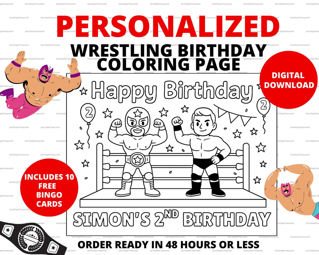 Personalized Wrestling Birthday Coloring Page for Kids Party Favor | Free Bingo Cards