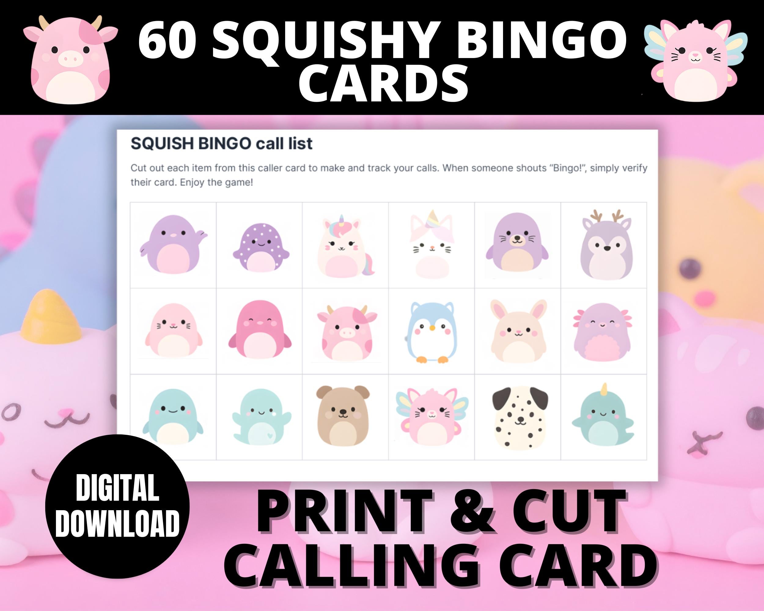 60 Squish Bingo Cards| Kids Birthday Bingo Game | Girls Birthday Party Activity