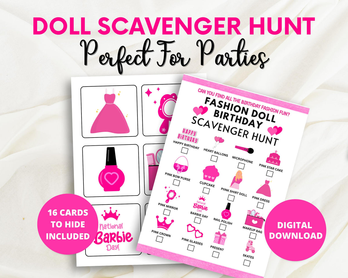 Fashion doll scavenger hunt printable Barbie birthday party game for girls