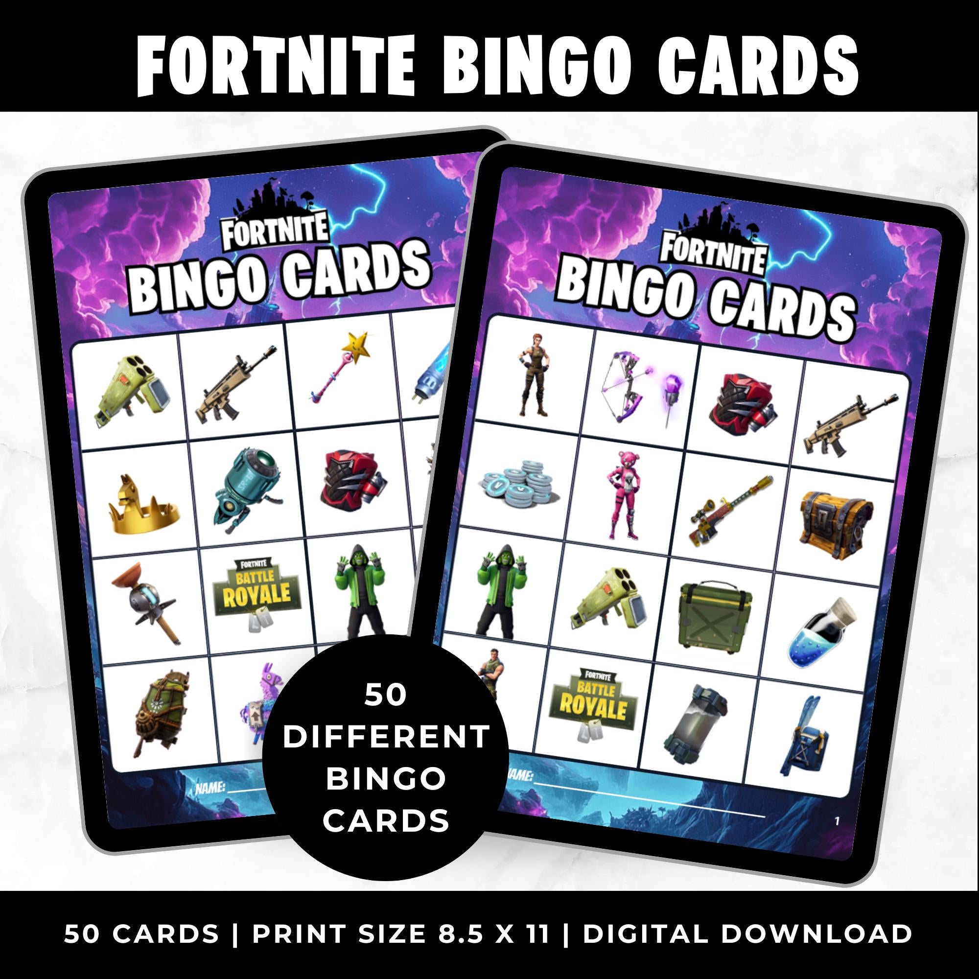 Fortnite Game Bingo Cards | Fortnite Game Birthday Party Games | Fortnite Party Favors | Printable Bingo Cards