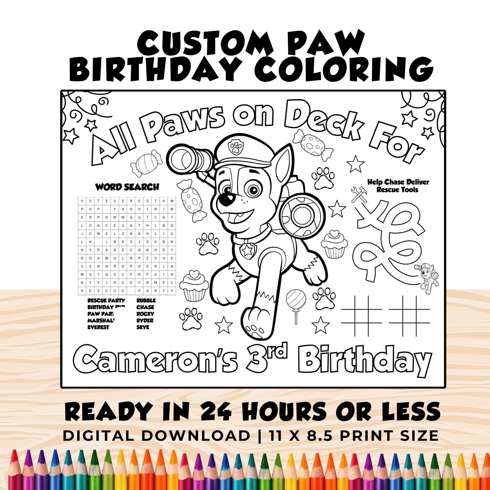 Personalized Paw Dogs Birthday Coloring | Printable Chase Birthday Coloring Page | Paw Party Favors | Done for You Design Birthday Coloring