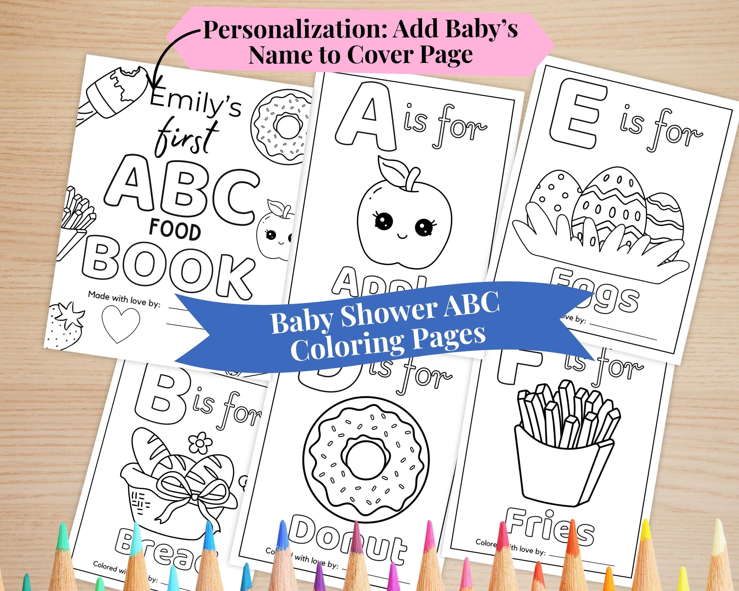 ABC Baby Shower Coloring Book | Personalized Baby's First ABC Book, Baby Shower Activity, Printable Alphabet Food Coloring Book Pages