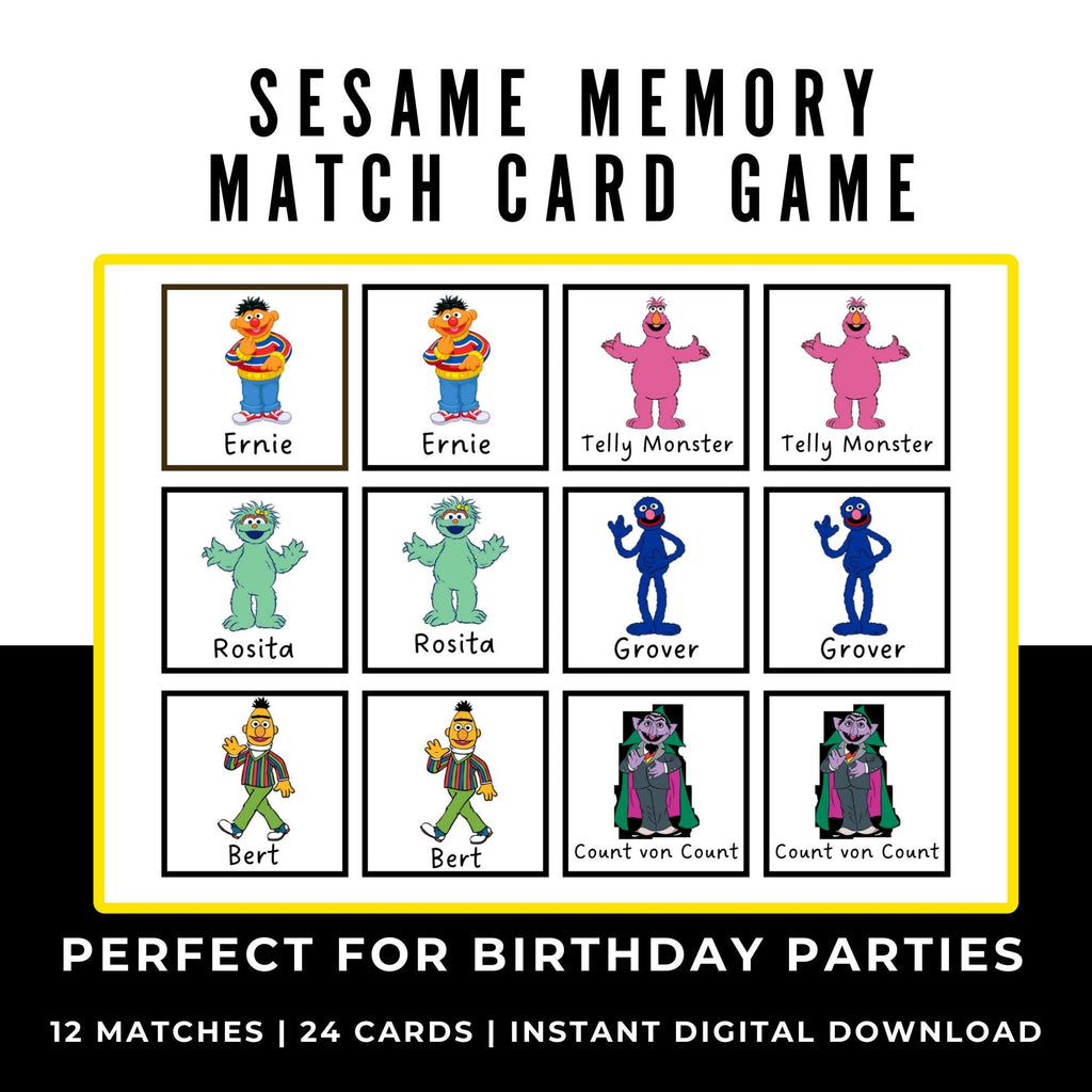 Sesame Memory Matching Card Game | Sesame Birthday Party Game | Sesame Party Favors | Printable Memory Card Game | Limit Screen Time Game
