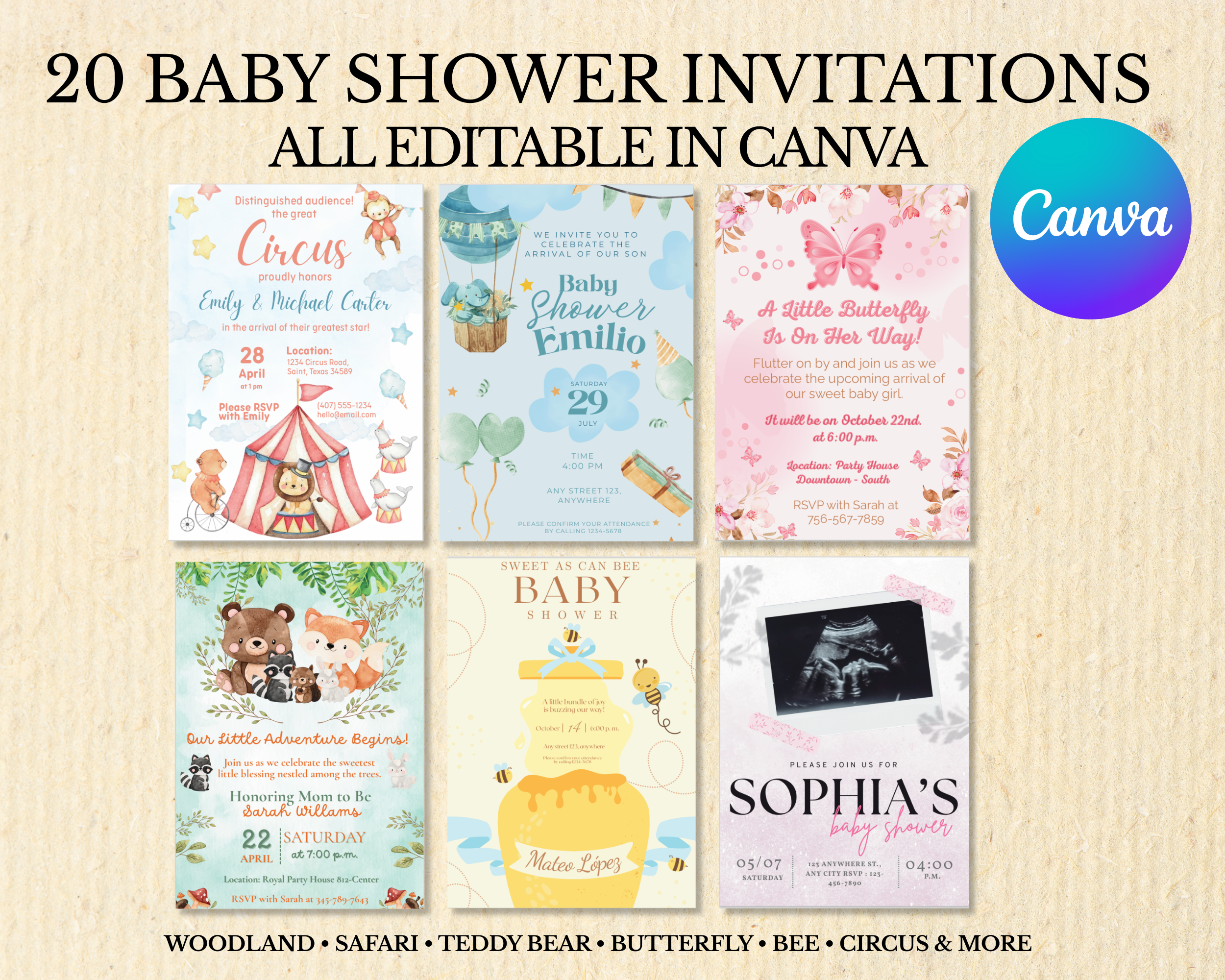 20 Editable Baby Shower Invitation Templates | Canva Baby Shower Invitation Bundle | Instant Download