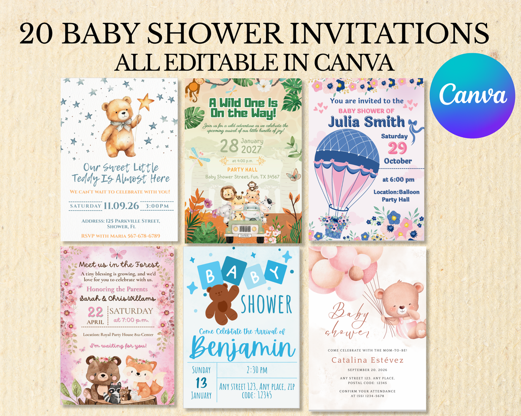 20 Editable Baby Shower Invitation Templates | Canva Baby Shower Invitation Bundle | Instant Download