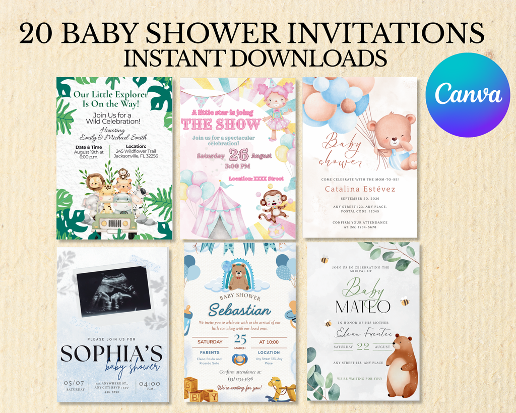 20 Editable Baby Shower Invitation Templates | Canva Baby Shower Invitation Bundle | Instant Download