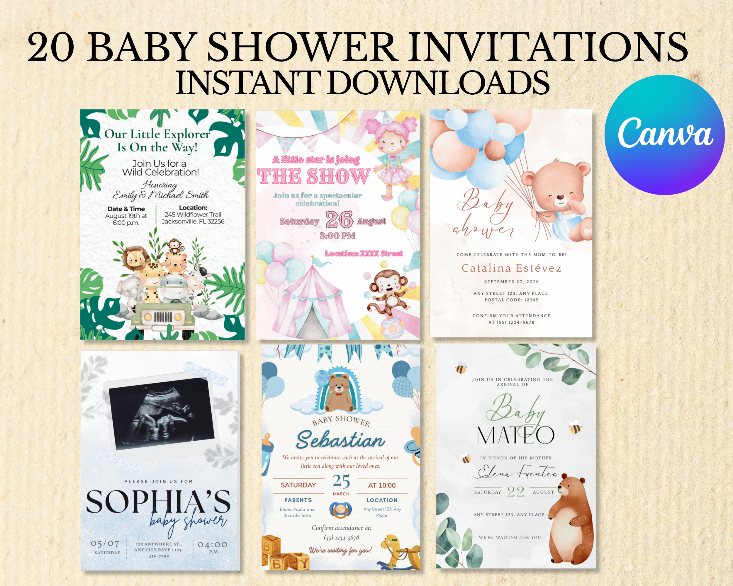 20 Editable Baby Shower Invitation Templates | Canva Baby Shower Invitation Bundle | Instant Download
