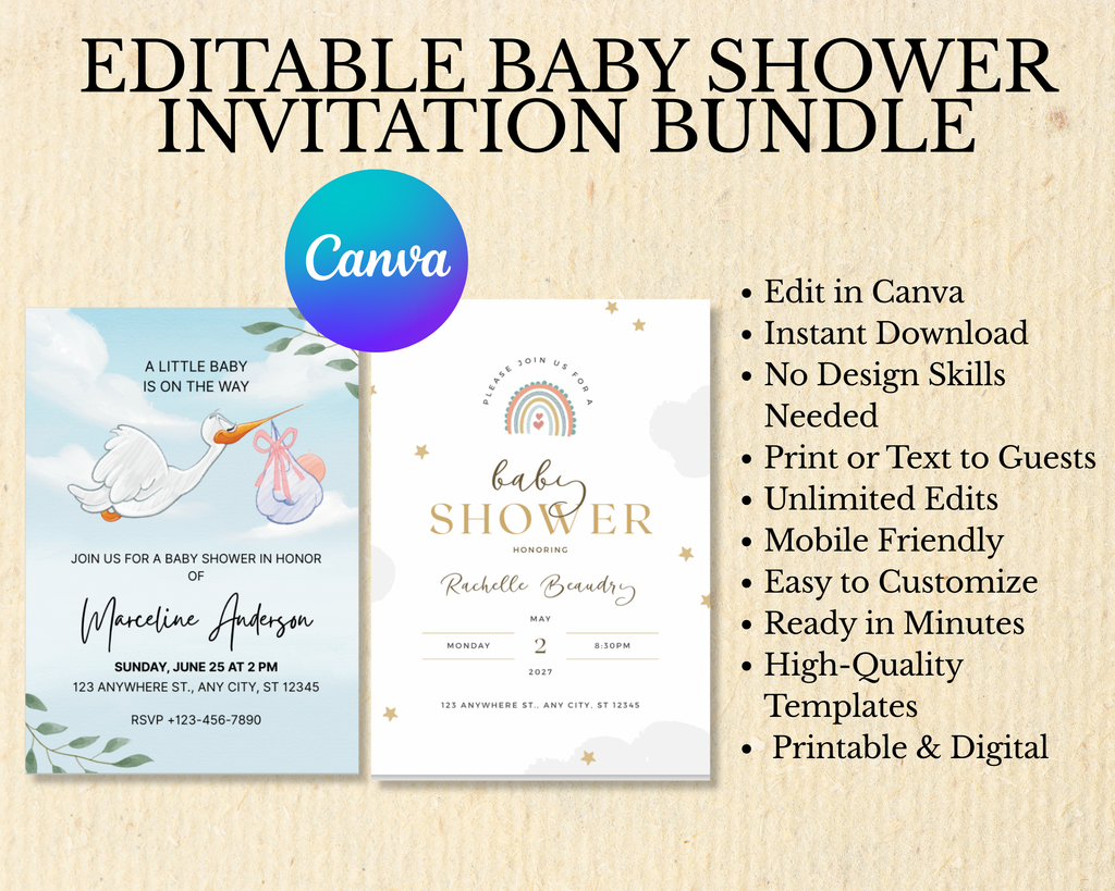 20 Editable Baby Shower Invitation Templates | Canva Baby Shower Invitation Bundle | Instant Download