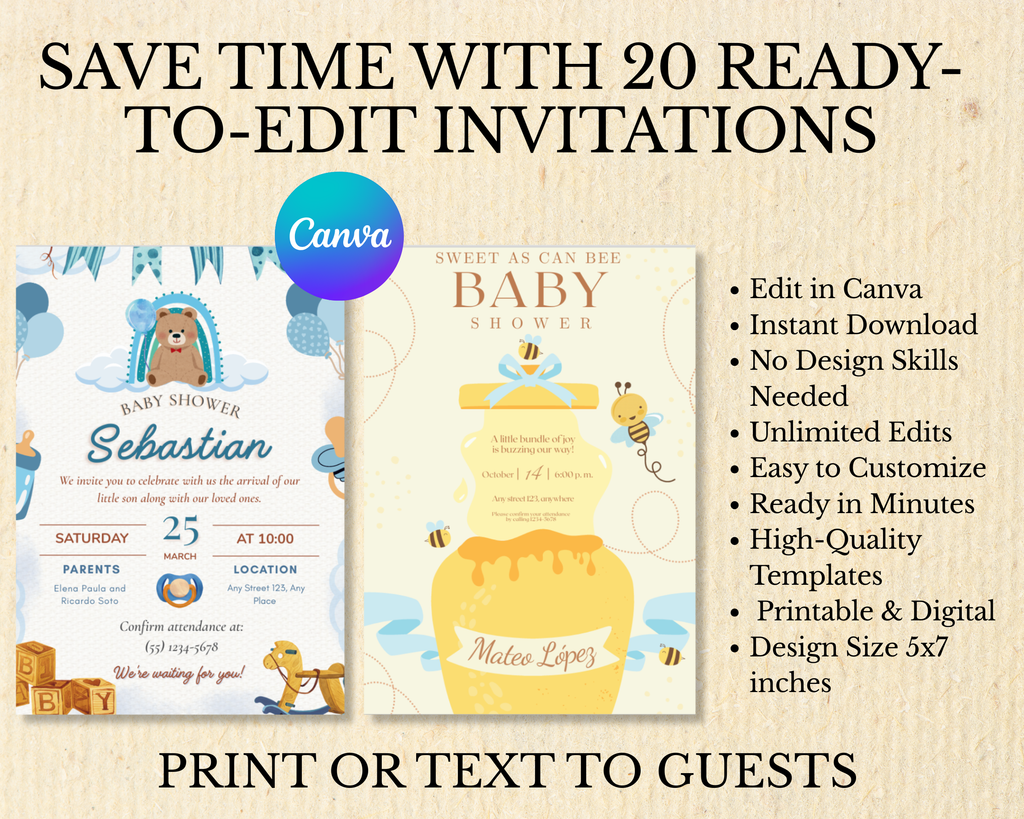 20 Editable Baby Shower Invitation Templates | Canva Baby Shower Invitation Bundle | Instant Download