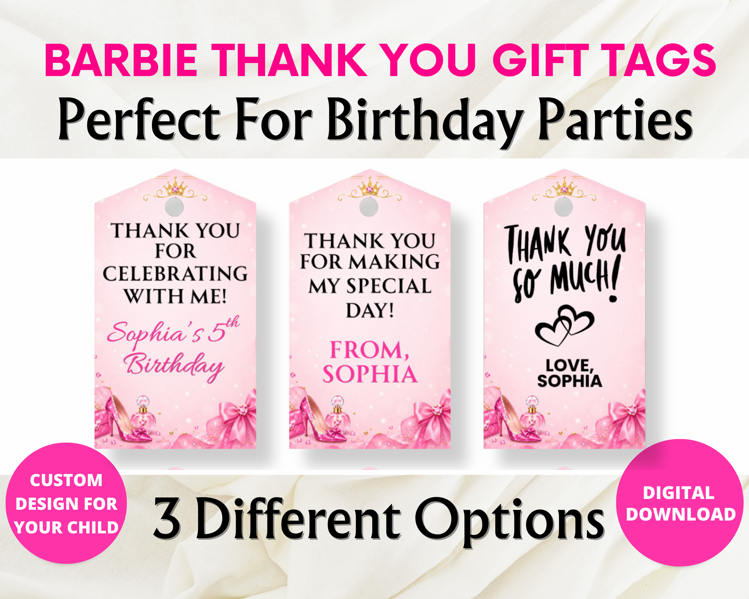 Barbie Thank You Gift Tags | Personalized Birthday Favor Tags | Printable Party Thank You Tags