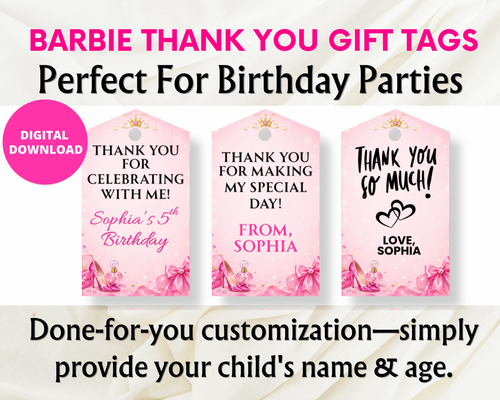 Barbie Thank You Gift Tags | Personalized Birthday Favor Tags | Printable Party Thank You Tags