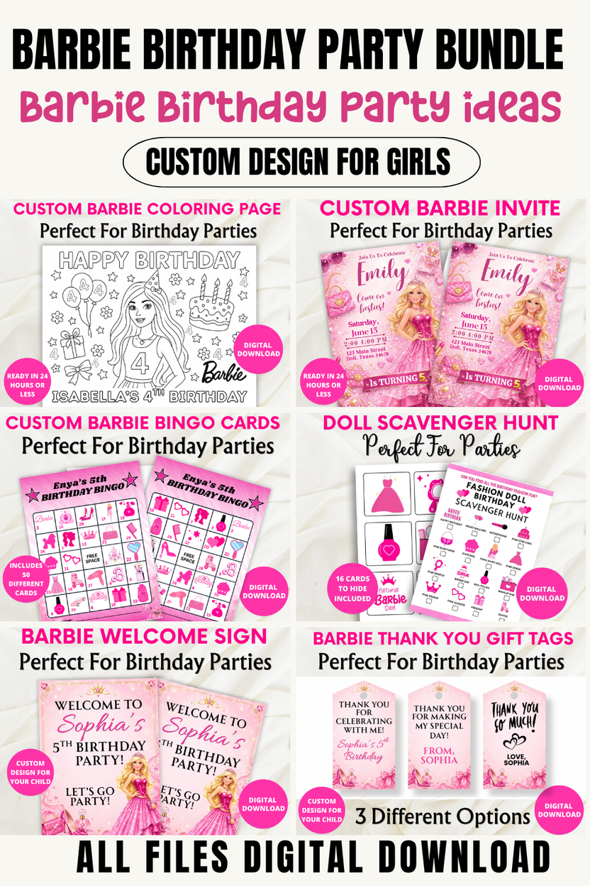Pink Barbie party printables preview with custom birthday designs, 50 bingo cards and a 16-card scavenger hunt