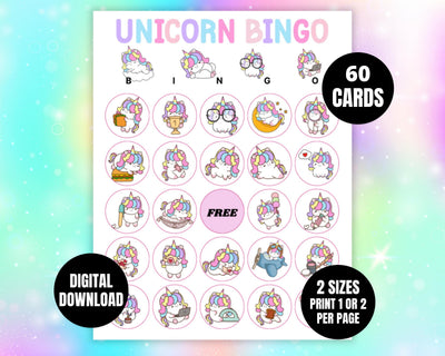 Unicorn Bingo Cards Toddler Birthday Party