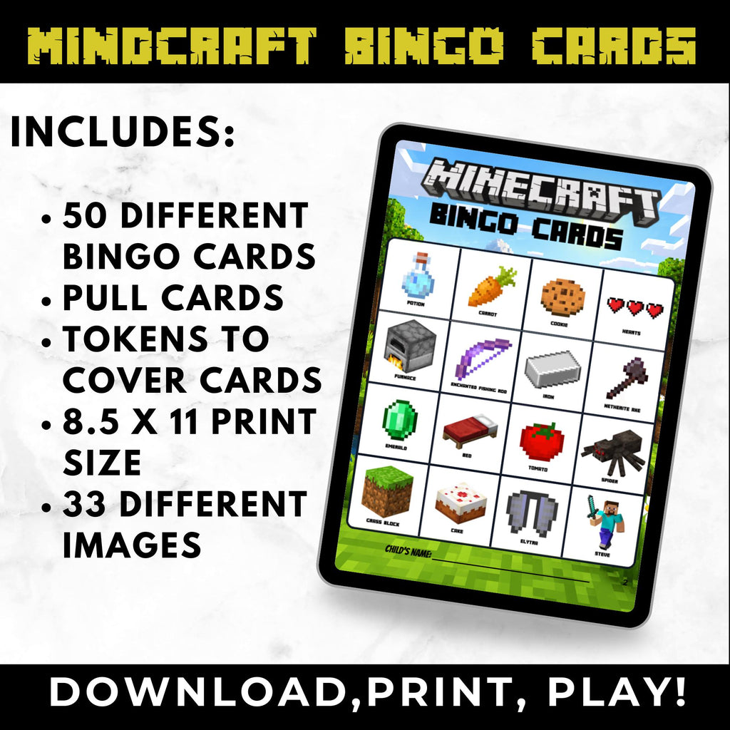Minecrafter Bingo Cards | Minecrafter Birthday Party Game for Kids | Printable Gaming Bingo Cards | Minecrafter Party Favor