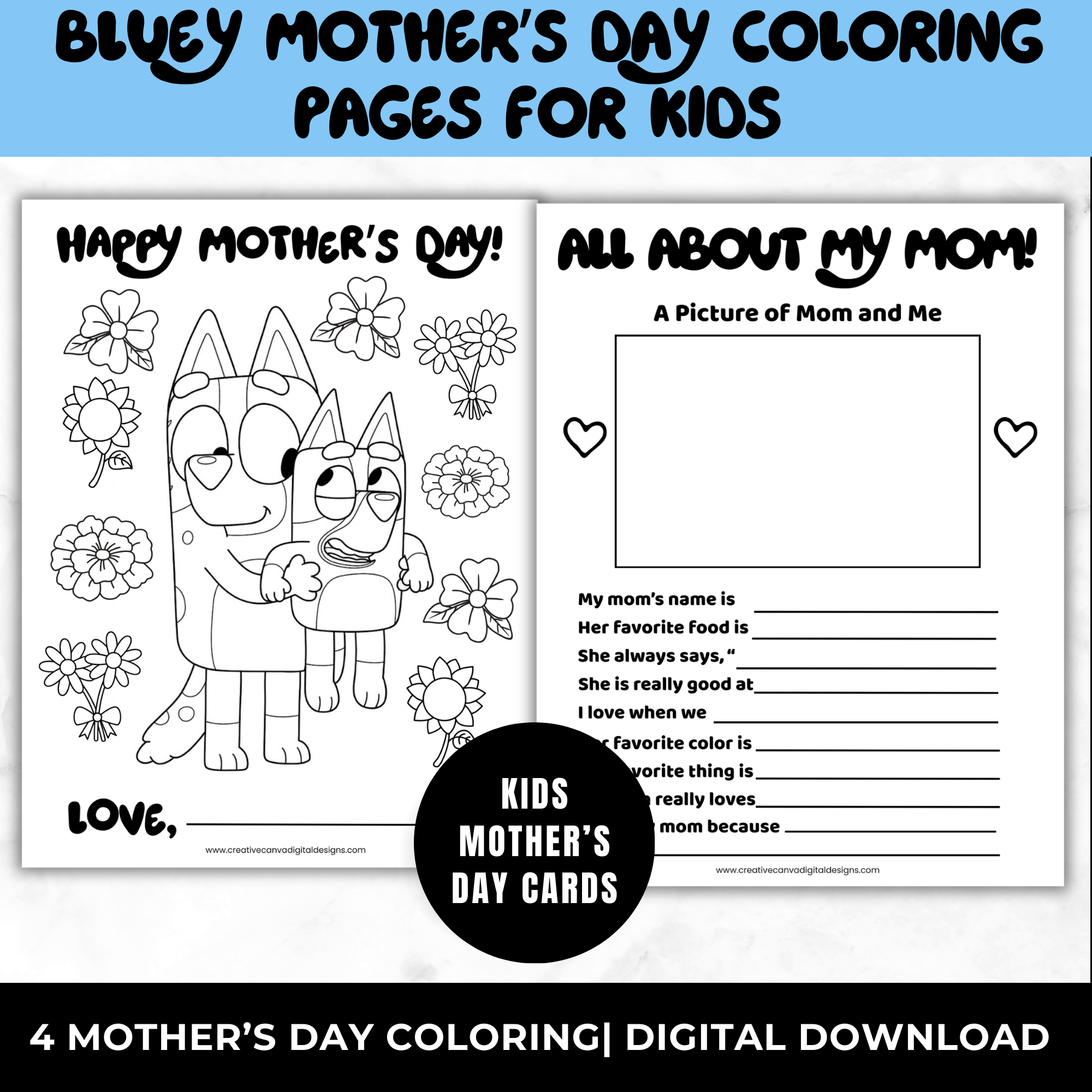 Free Bluey Mother’s Day Coloring Pages for Kids | All About My Mom Worksheet | Printable Classroom Mother’s Day Craft 8.5x11