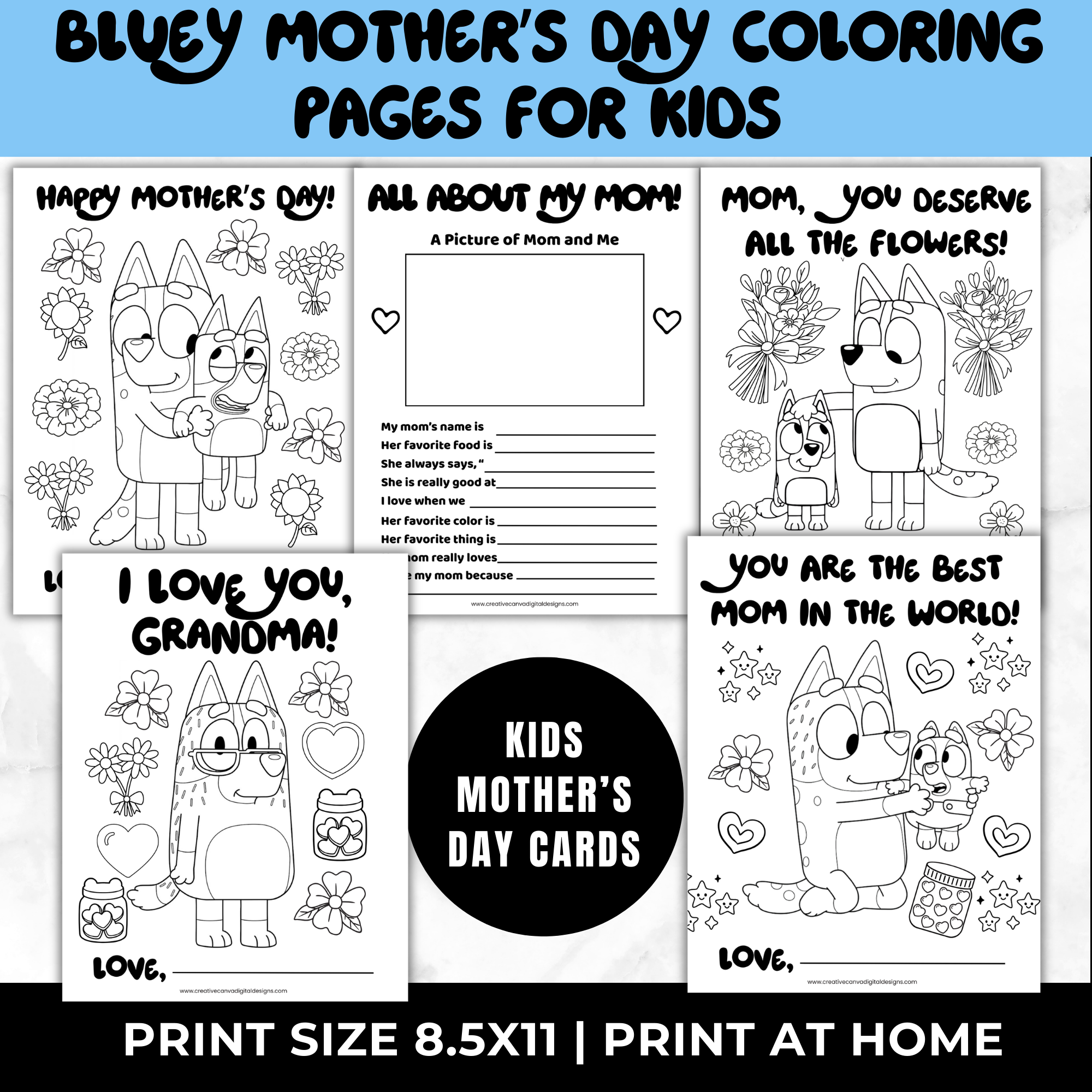 Free Bluey Mother’s Day Coloring Pages for Kids | All About My Mom Worksheet | Printable Classroom Mother’s Day Craft 8.5x11