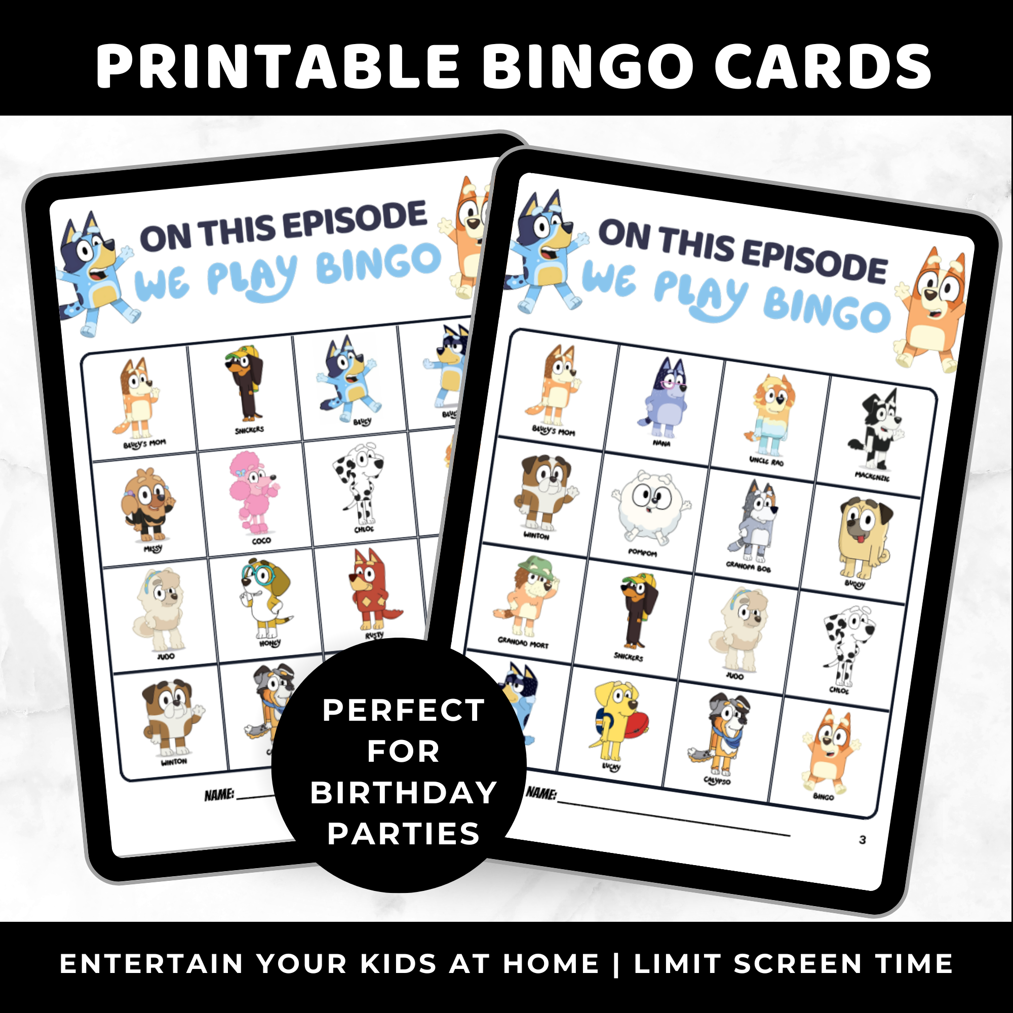 50 Bluey Bingo Cards for Kids