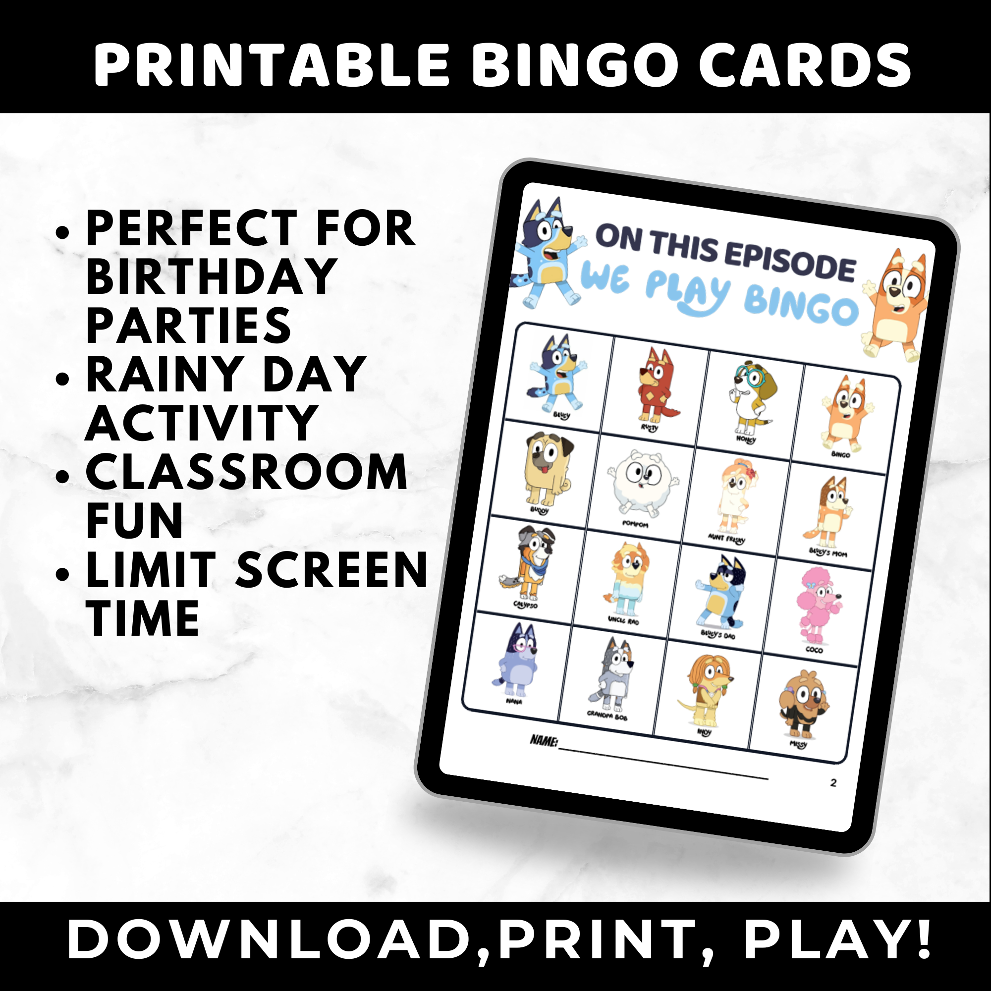 50 Bluey Bingo Cards for Kids