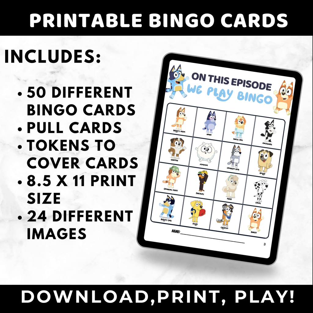 50 Bluey Bingo Cards for Kids