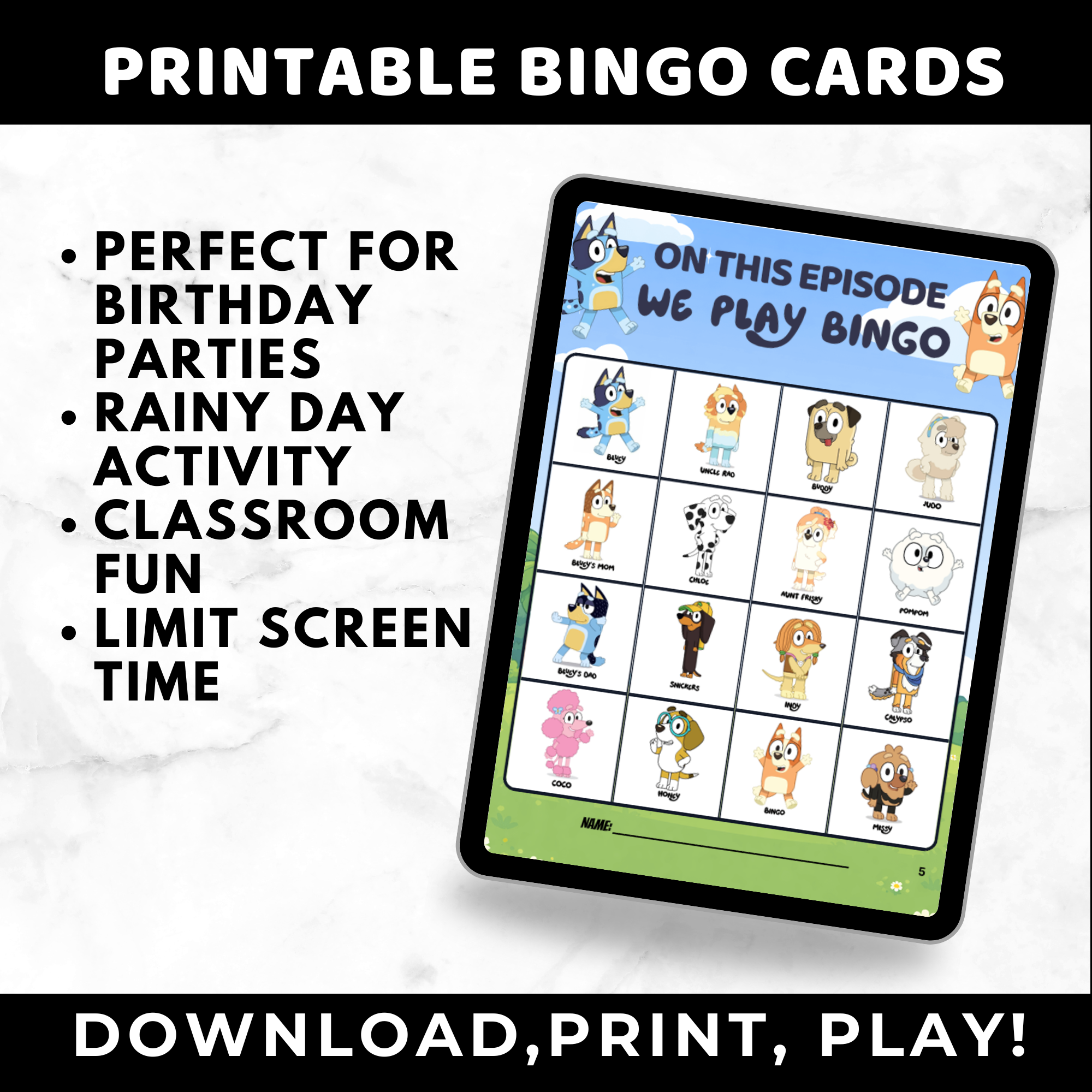 Bluey Bingo Cards for Kids