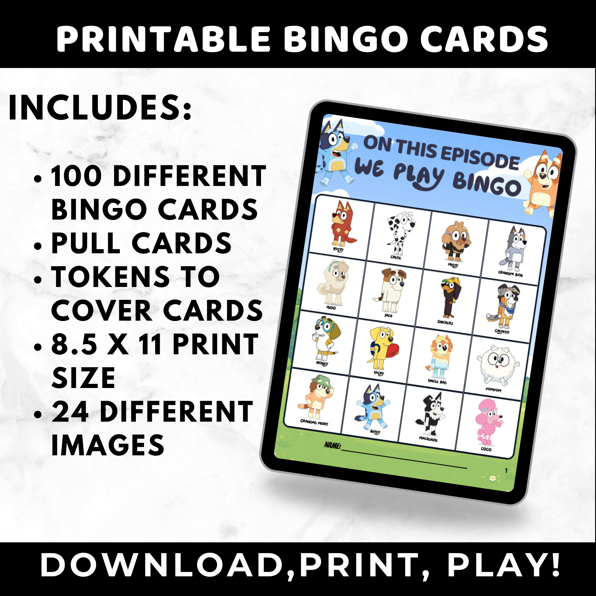 Bluey Bingo Cards for Kids