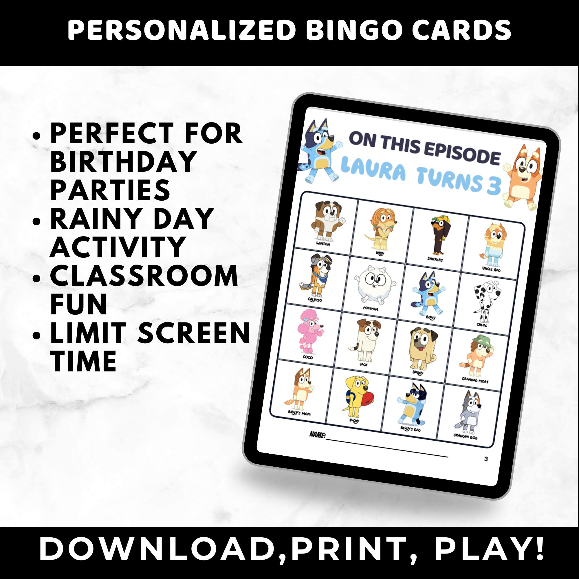 Personalized Birthday Bluey Bingo Cards for Kids