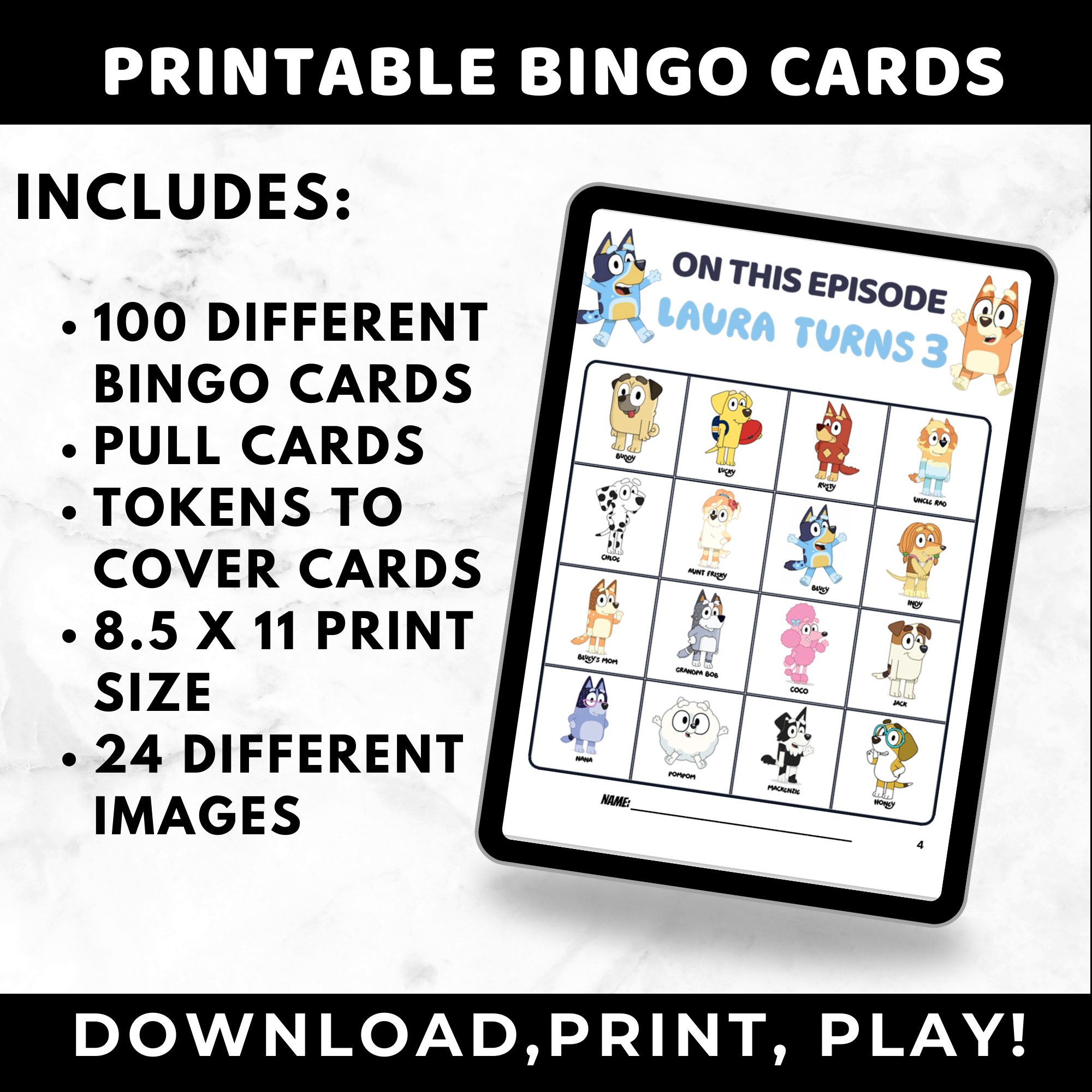 Personalized Birthday Bluey Bingo Cards for Kids