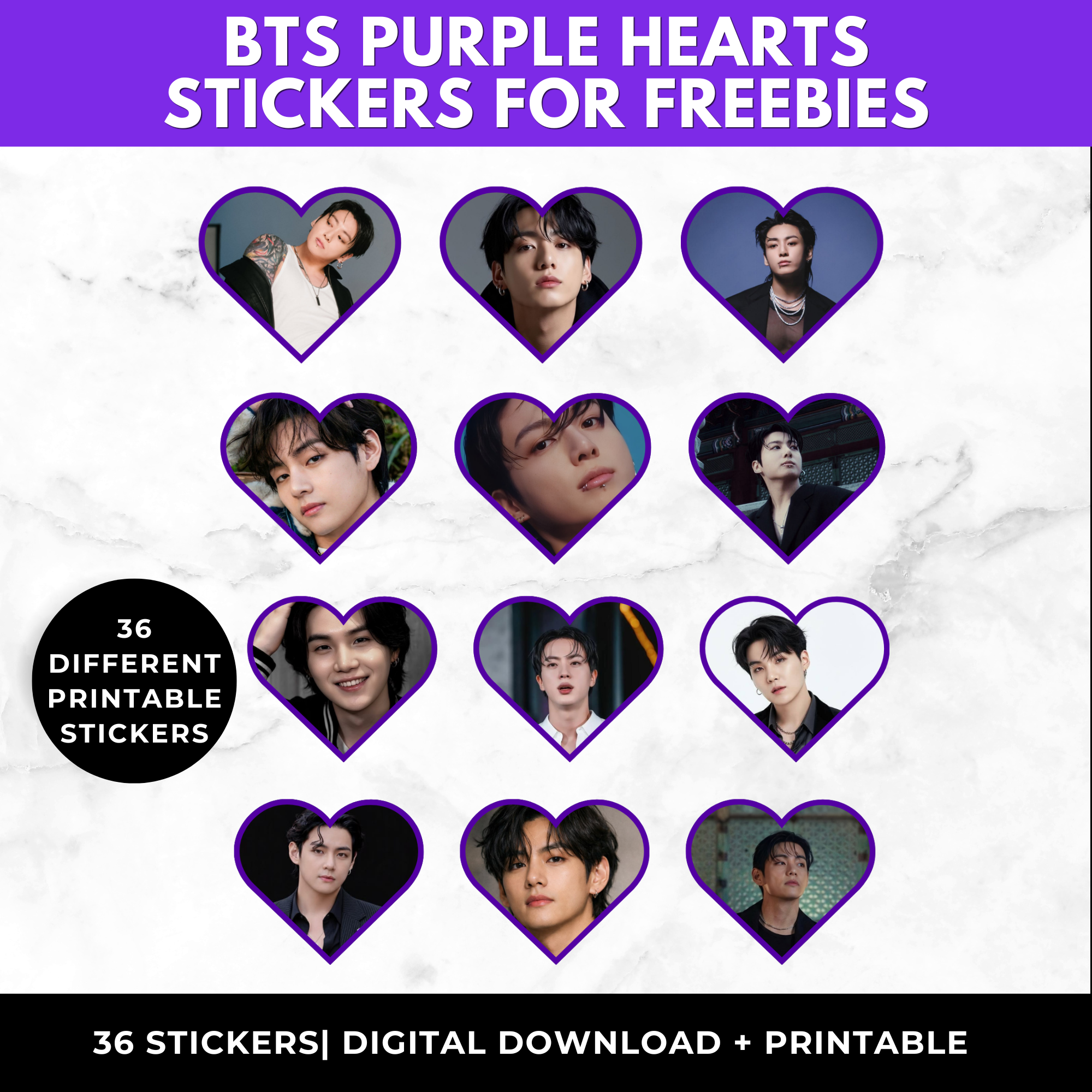 BTS Purple Heart Stickers Printable | Kpop Sticker Sheet | BTS Party Favors | BTS ARMY Stickers | BTS Printable Stickers