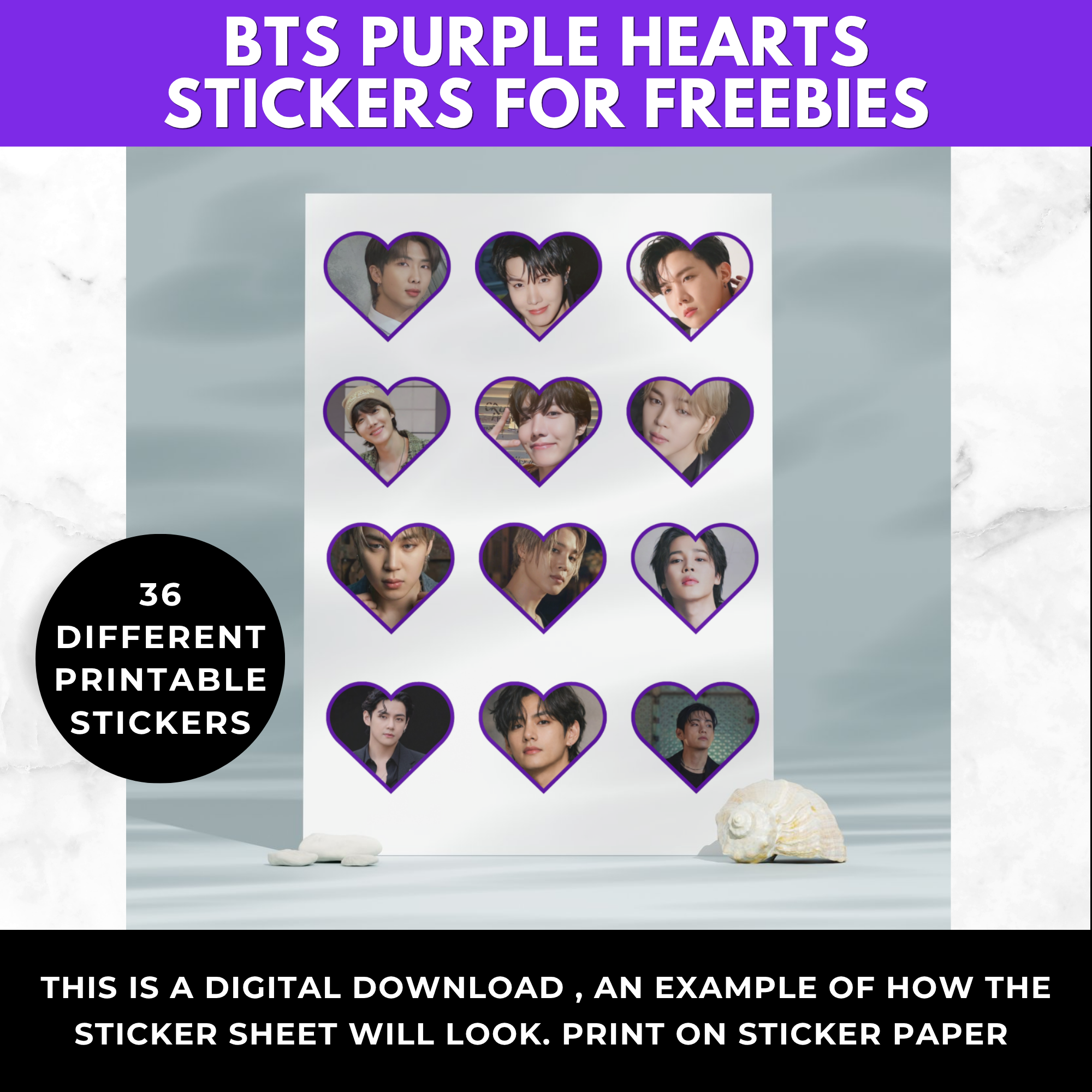 BTS Purple Heart Stickers Printable | Kpop Sticker Sheet | BTS Party Favors | BTS ARMY Stickers | BTS Printable Stickers