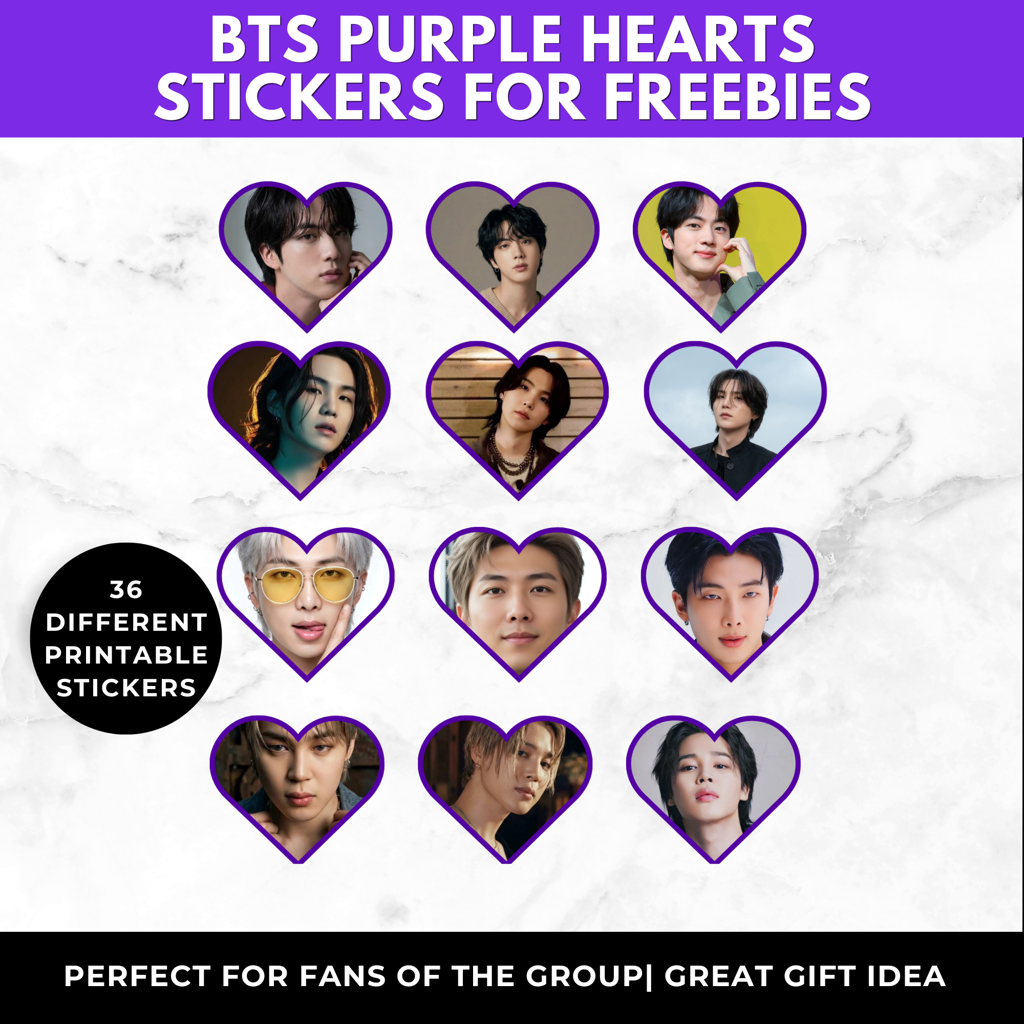 BTS Purple Heart Stickers Printable | Kpop Sticker Sheet | BTS Party Favors | BTS ARMY Stickers | BTS Printable Stickers