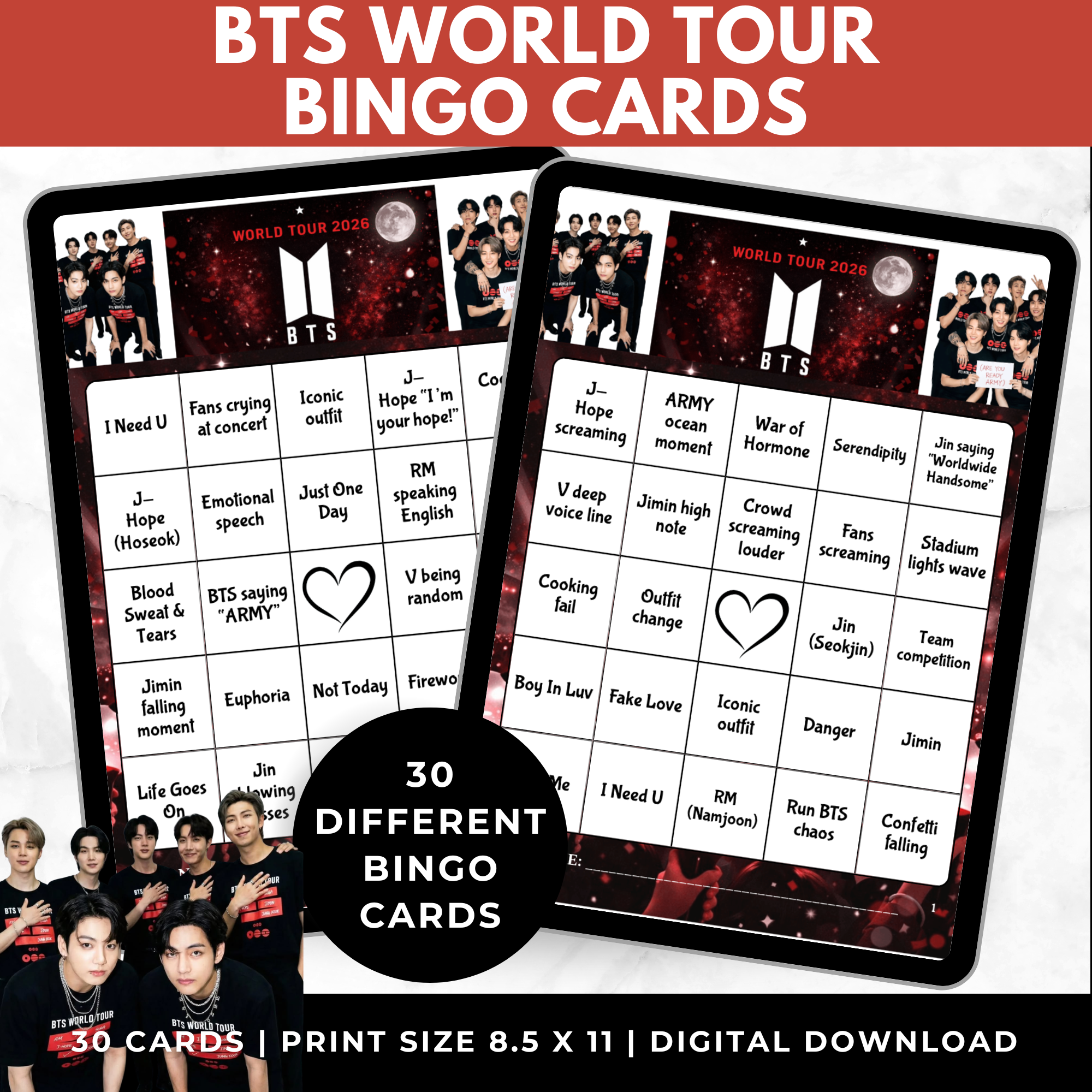 BTS World Tour Bingo Cards | K-pop Fan Party Game | BTS Birthday Party Games | Printable Bts 2026 Tour Game | ARMY Game Night