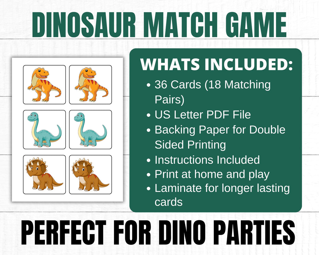 Dinosaur Matching Game for Kids Birthday Party | Dino Birthday Game | Printable Memory Game