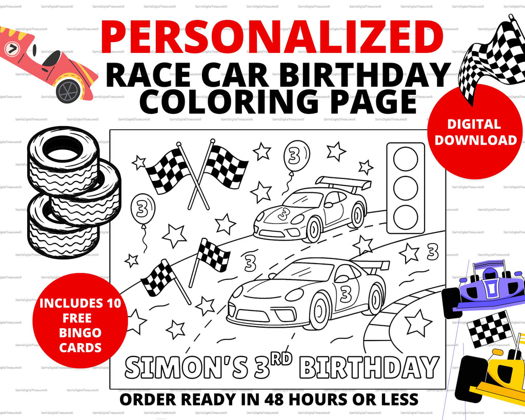 Personalized Race Car Birthday Coloring Page | Birthday Activity Sheet |
