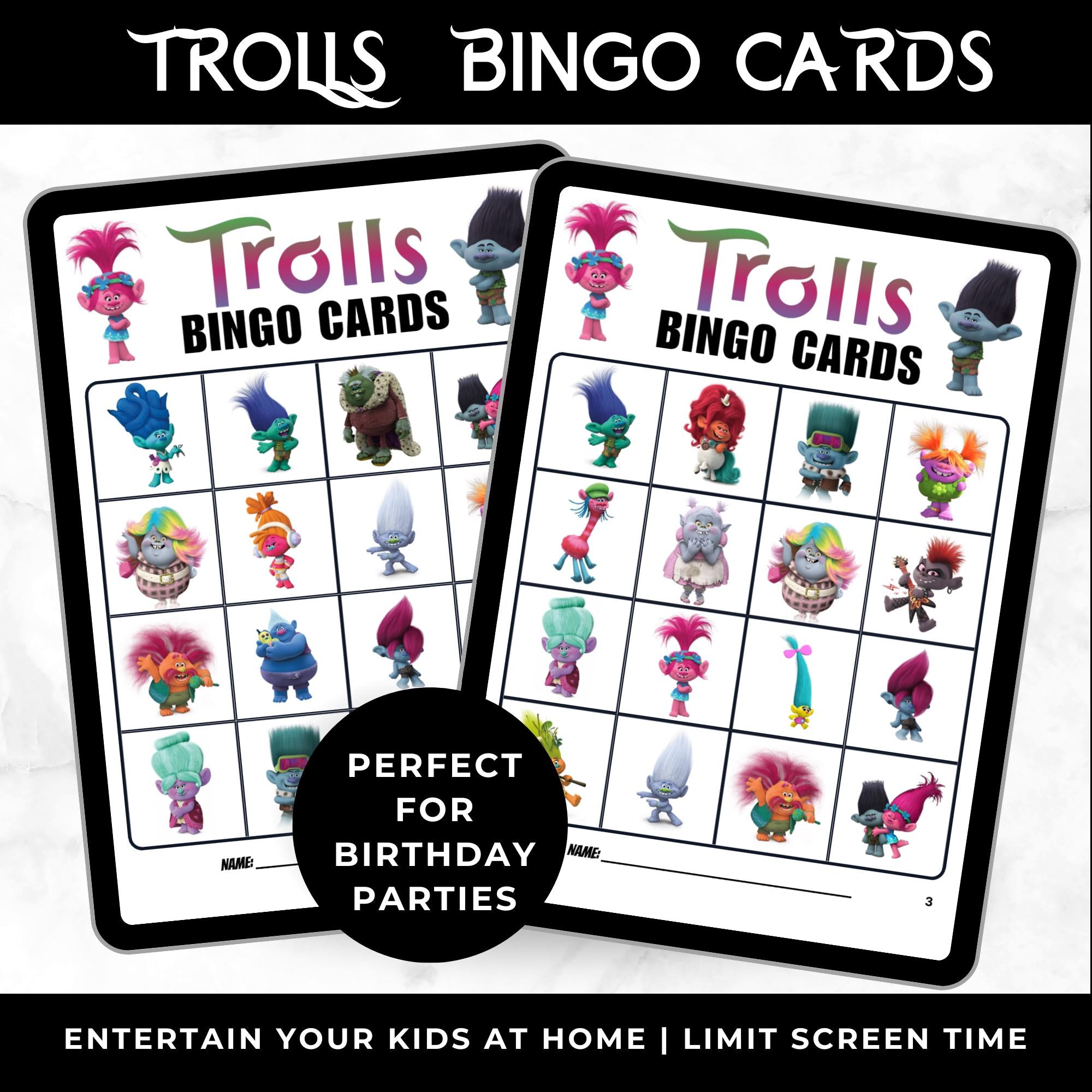 Trolls Bingo Cards | Trolls Birthday Party Game | Trolls Party Favors | 100 Printable Bingo Cards for Kids | Family Game Night Activity