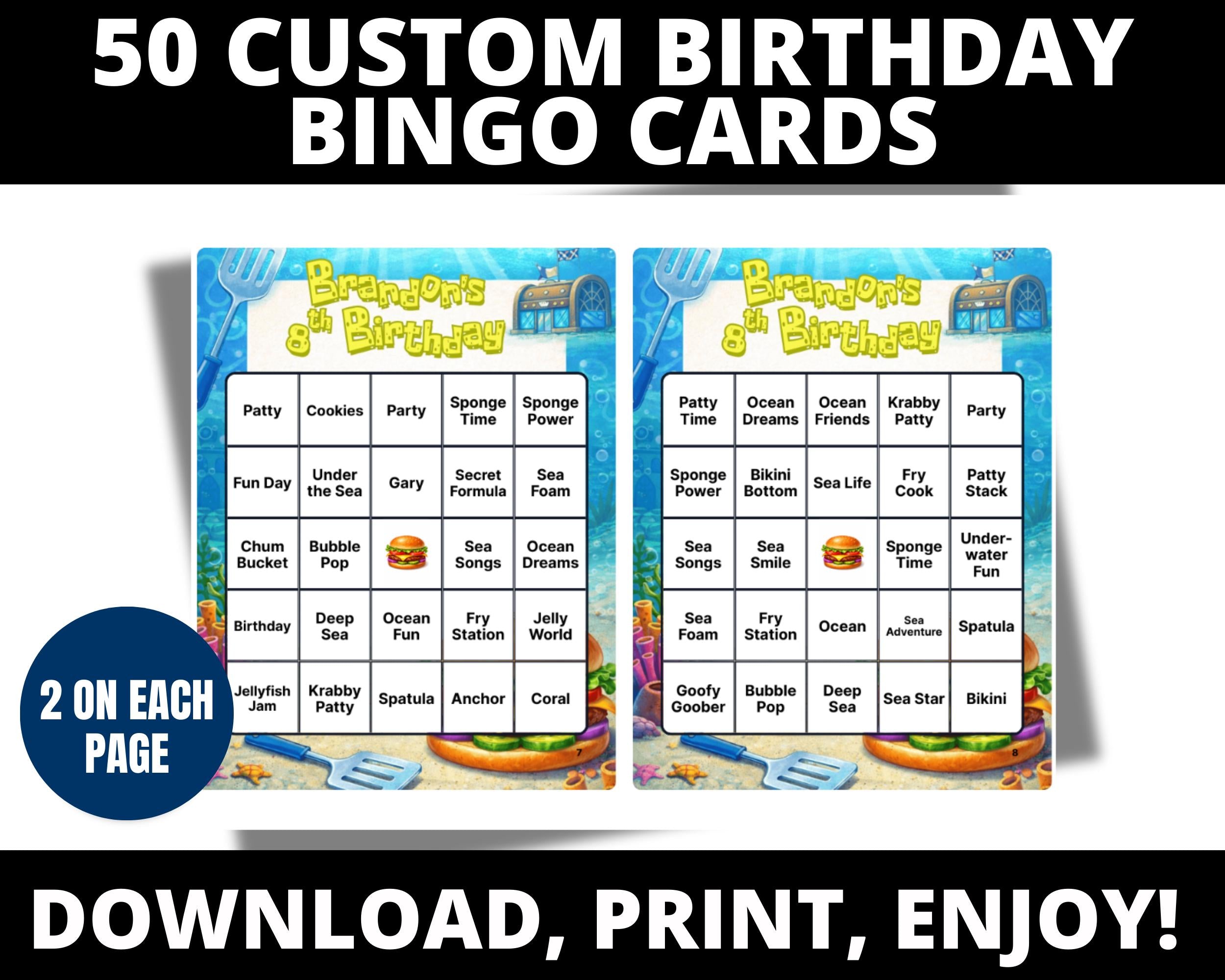 Personalized Sponge Under the Sea Birthday Bingo Game | Sponge Birthday Party |Ocean Party Game | Custom Birthday Bingo Cards