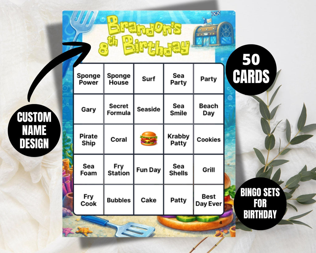 Personalized Sponge Under the Sea Birthday Bingo Game | Sponge Birthday Party |Ocean Party Game | Custom Birthday Bingo Cards