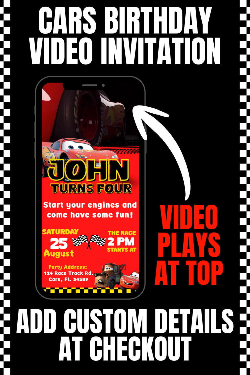 Cars Video Birthday Invitation | Personalized Lightning McQueen Birthday Invite for Boys | Animated Cars Party Invite |