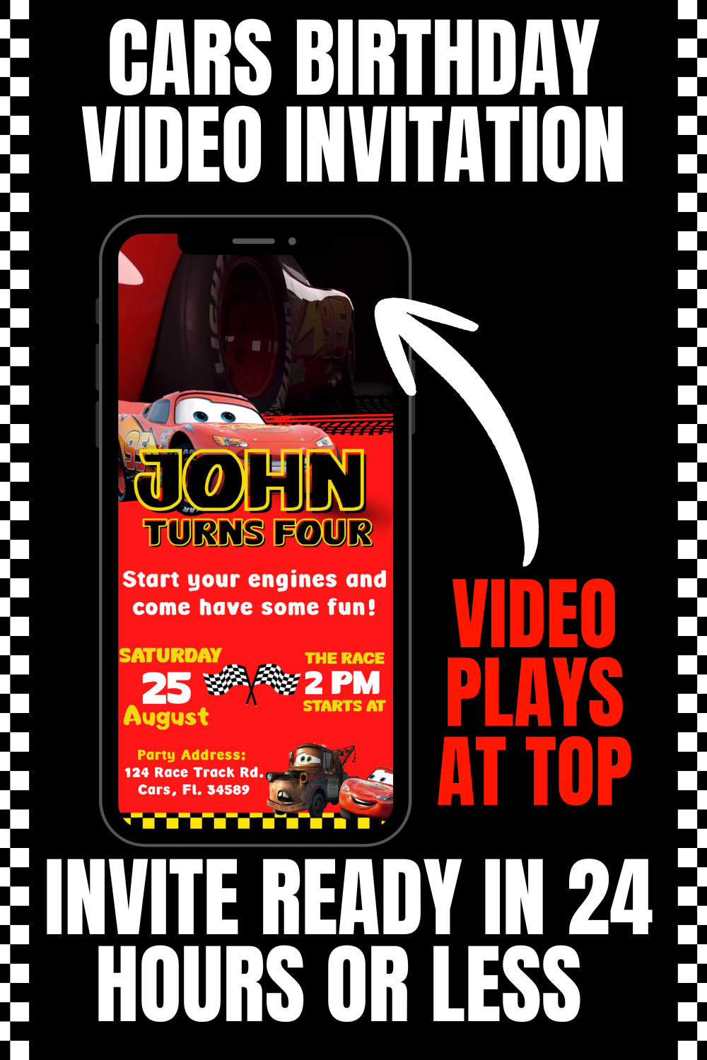 Cars Video Birthday Invitation | Personalized Lightning McQueen Birthday Invite for Boys | Animated Cars Party Invite |