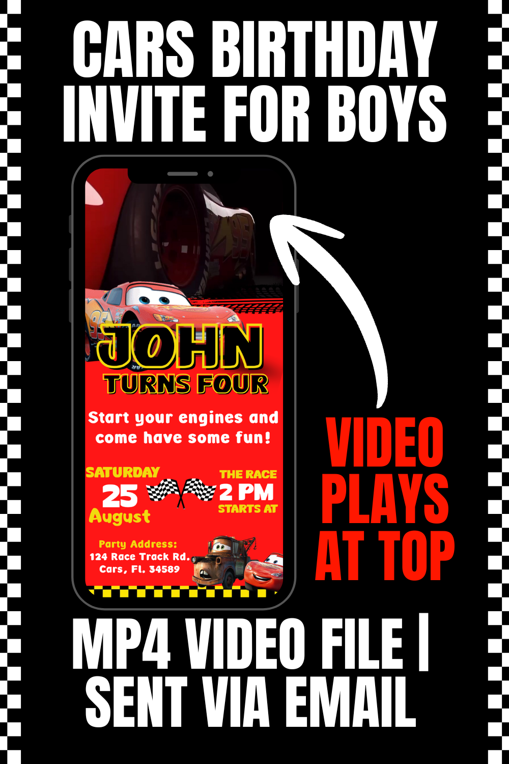 Promotional graphic for a cars birthday video invite template for boys. The design features a black background with a checkered border, bold white text reading 'CARS BIRTHDAY INVITE FOR BOYS' at the top, and a central smartphone mockup displaying a red and yellow 'JOHN TURNS FOUR' birthday invitation with cartoon race car characters.