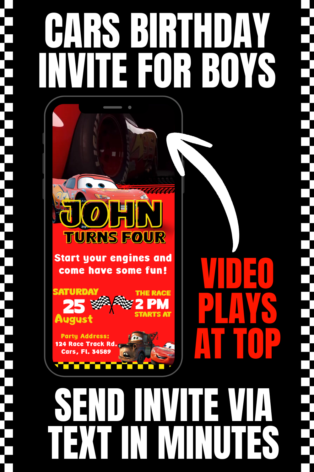 Cars Video Birthday Invitation | Personalized Lightning McQueen Birthday Invite for Boys | Animated Cars Party Invite |