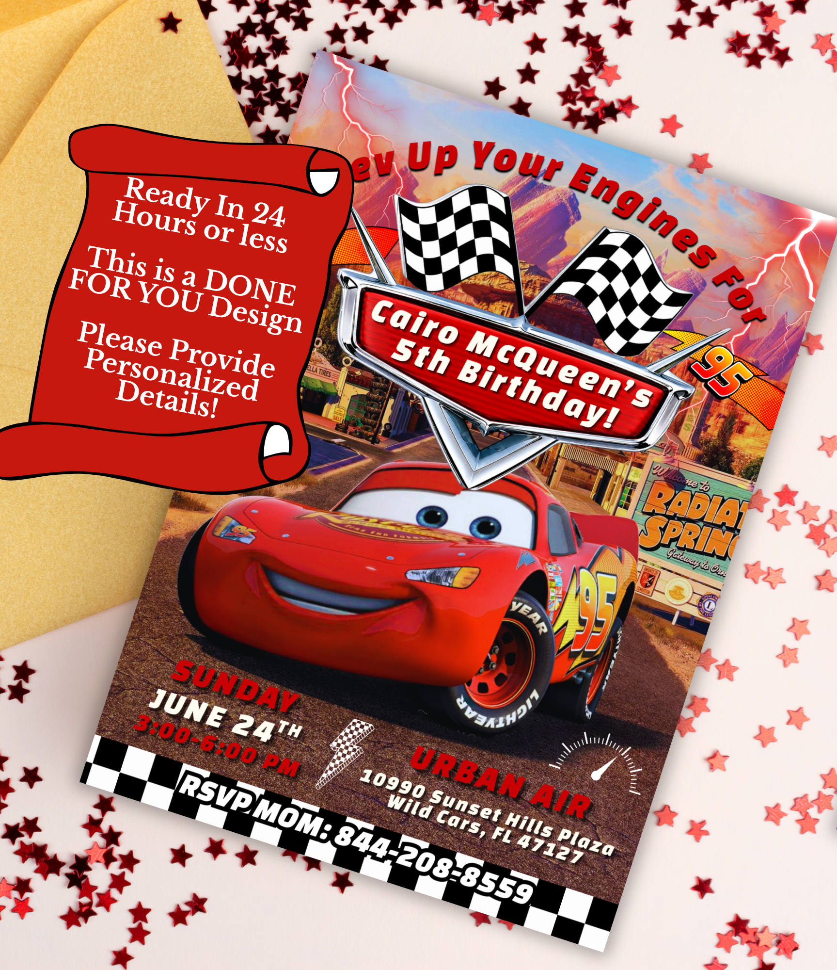 Cars Lightning McQueen Birthday Invitation | Editable Canva Template or Custom 5x7 Digital Invite