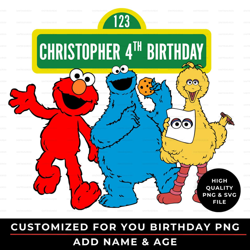 Custom Sesame Street Birthday PNG Elmo Cookie Monster Big Bird Child Name Age