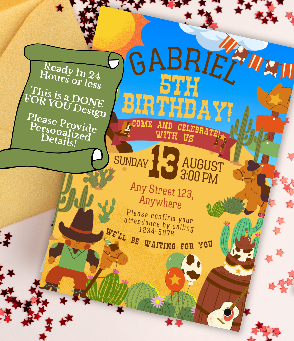 Cowboy birthday invitation printable, product mockup