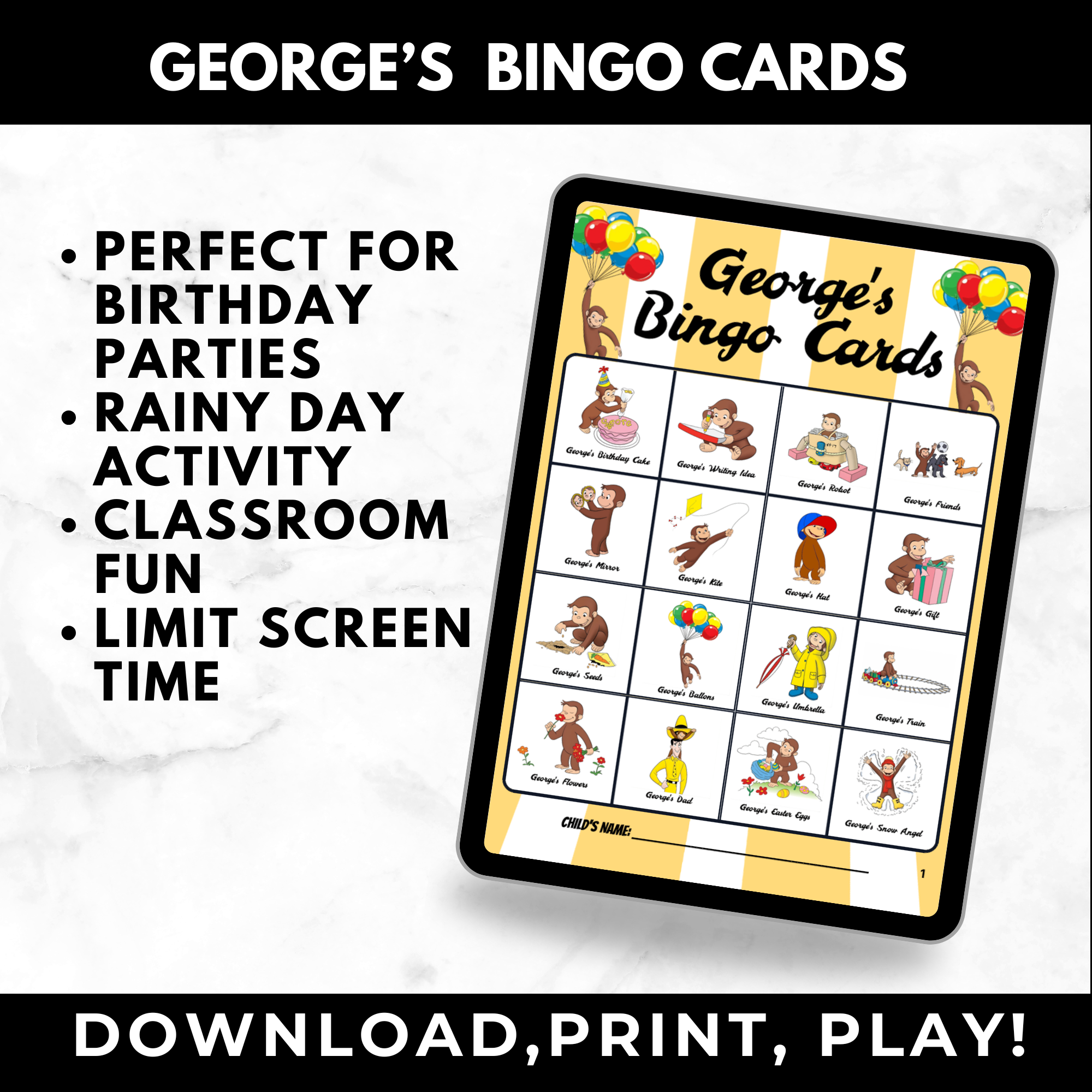 Curious George Bingo Cards for Kids