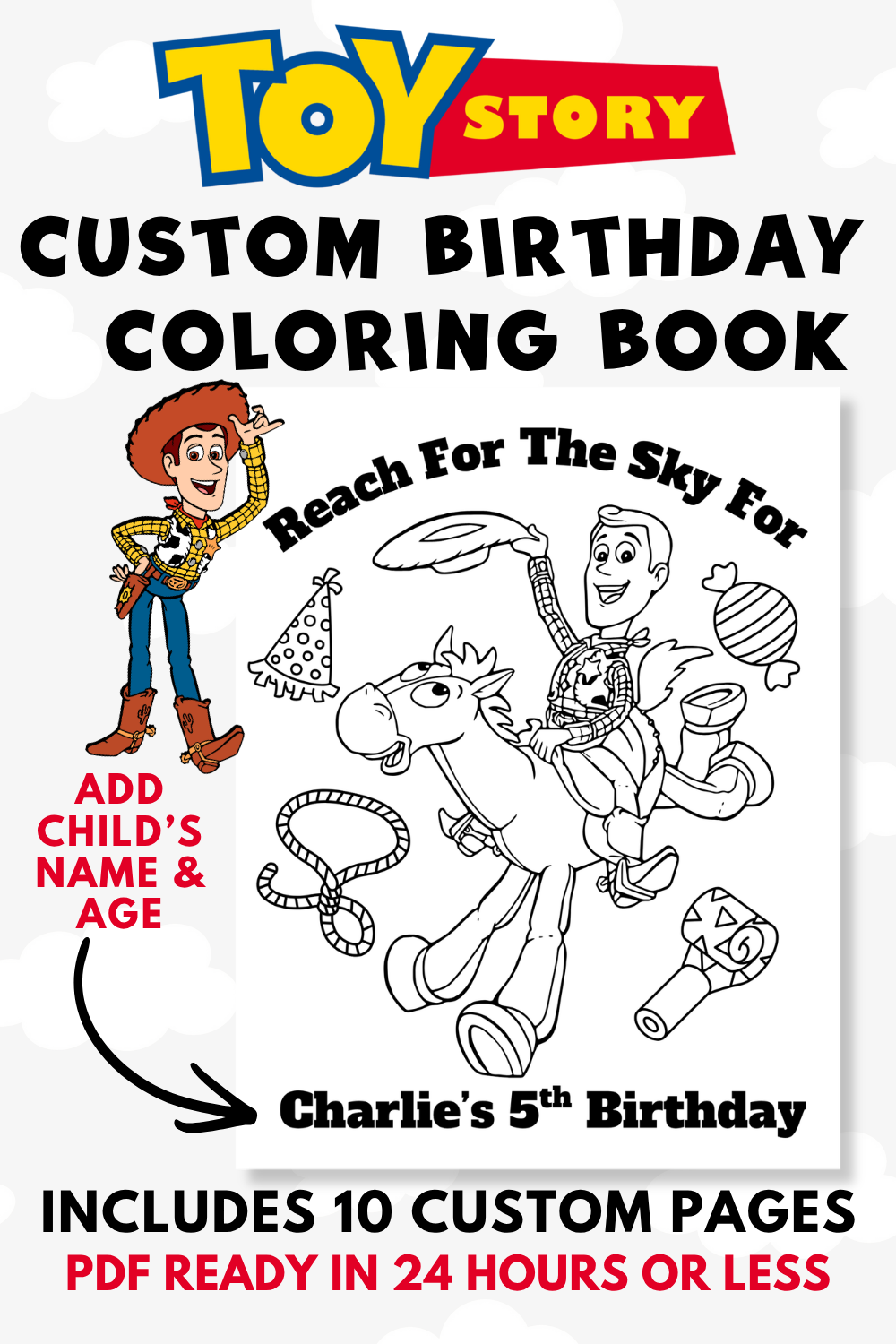 Personalized Toy Story birthday coloring book party favor with custom name and age