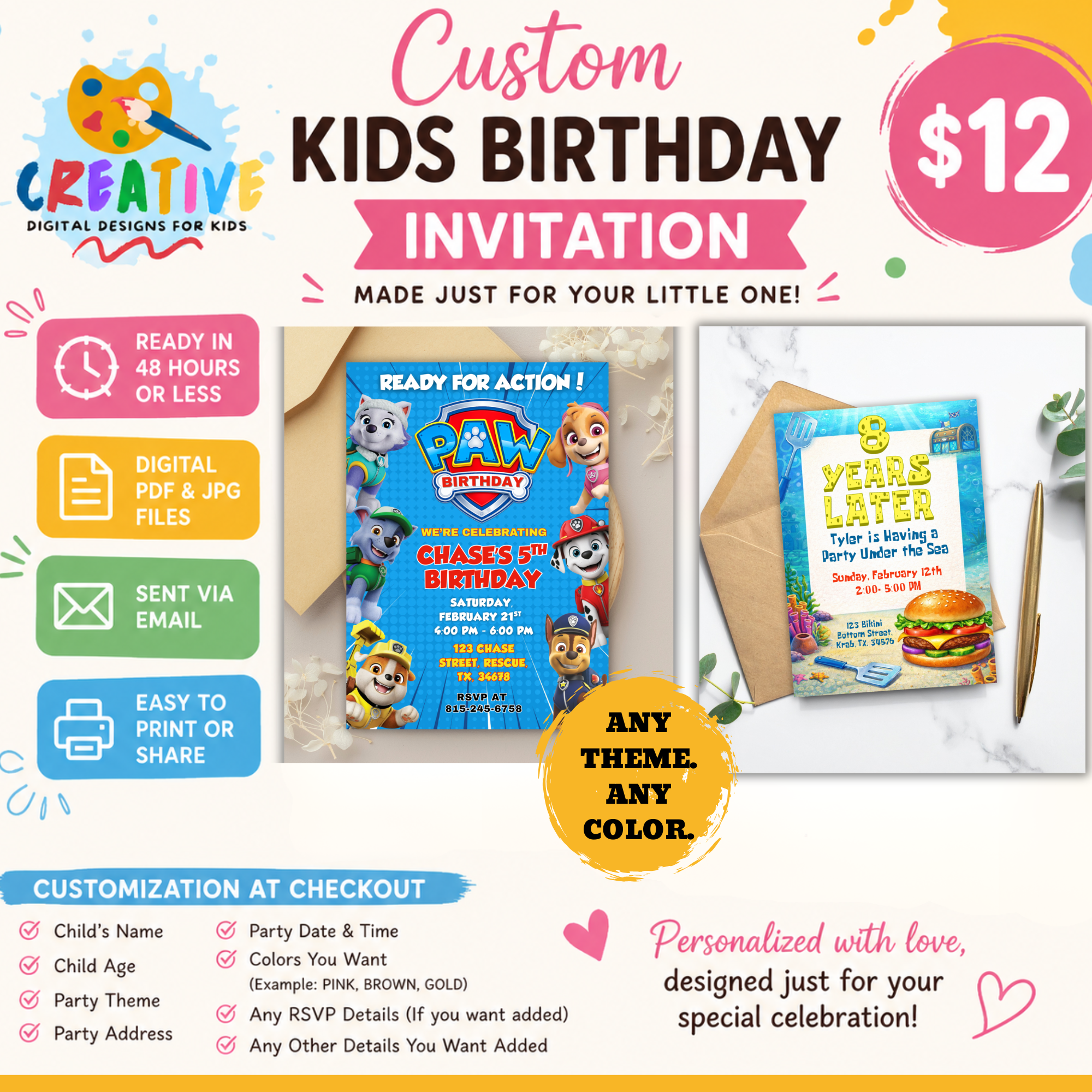Custom Kids Birthday Invitation | Personalized Party Invite PDF & JPG | Any Theme, Digital Download