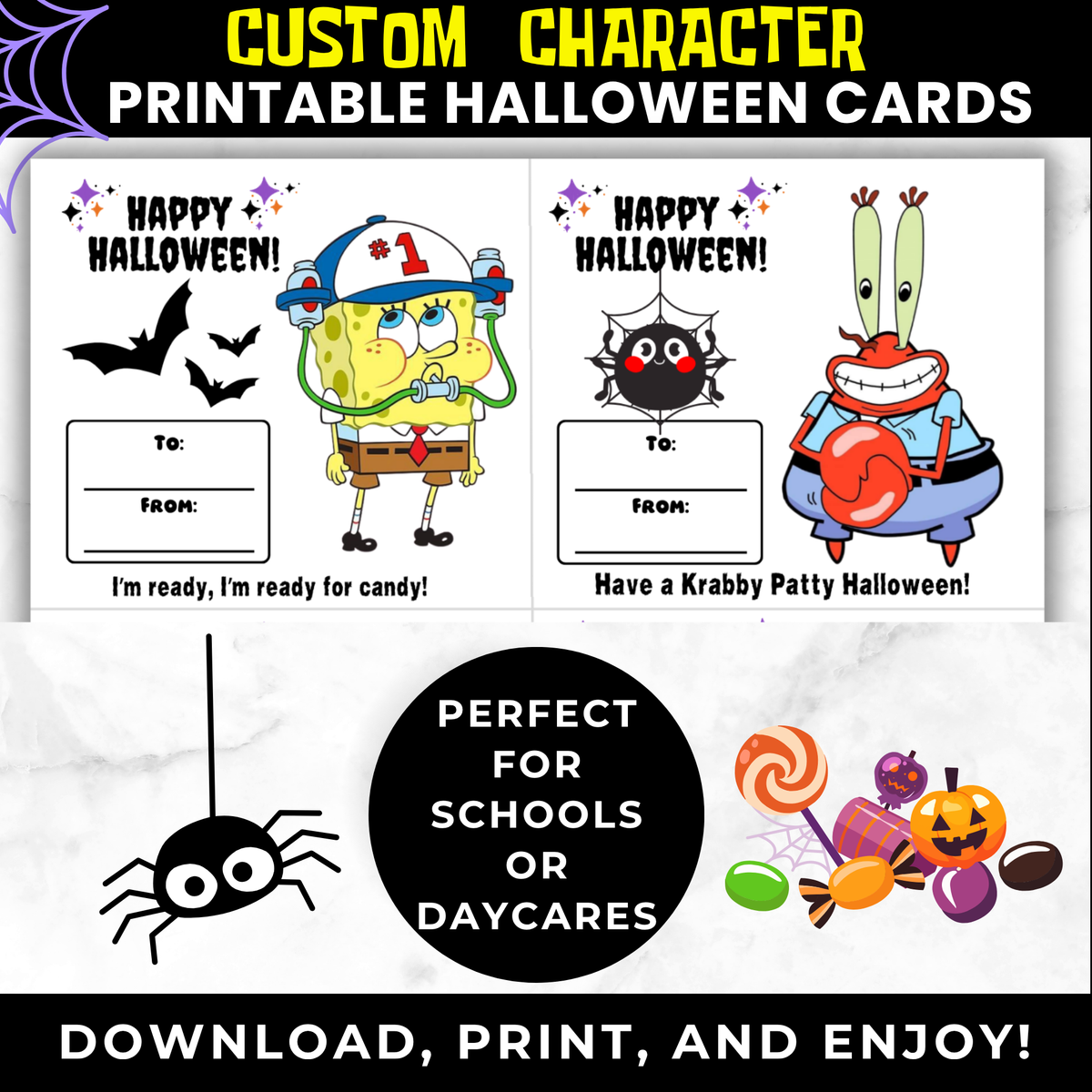 Custom Character Halloween Candy Cards Printable for Kids