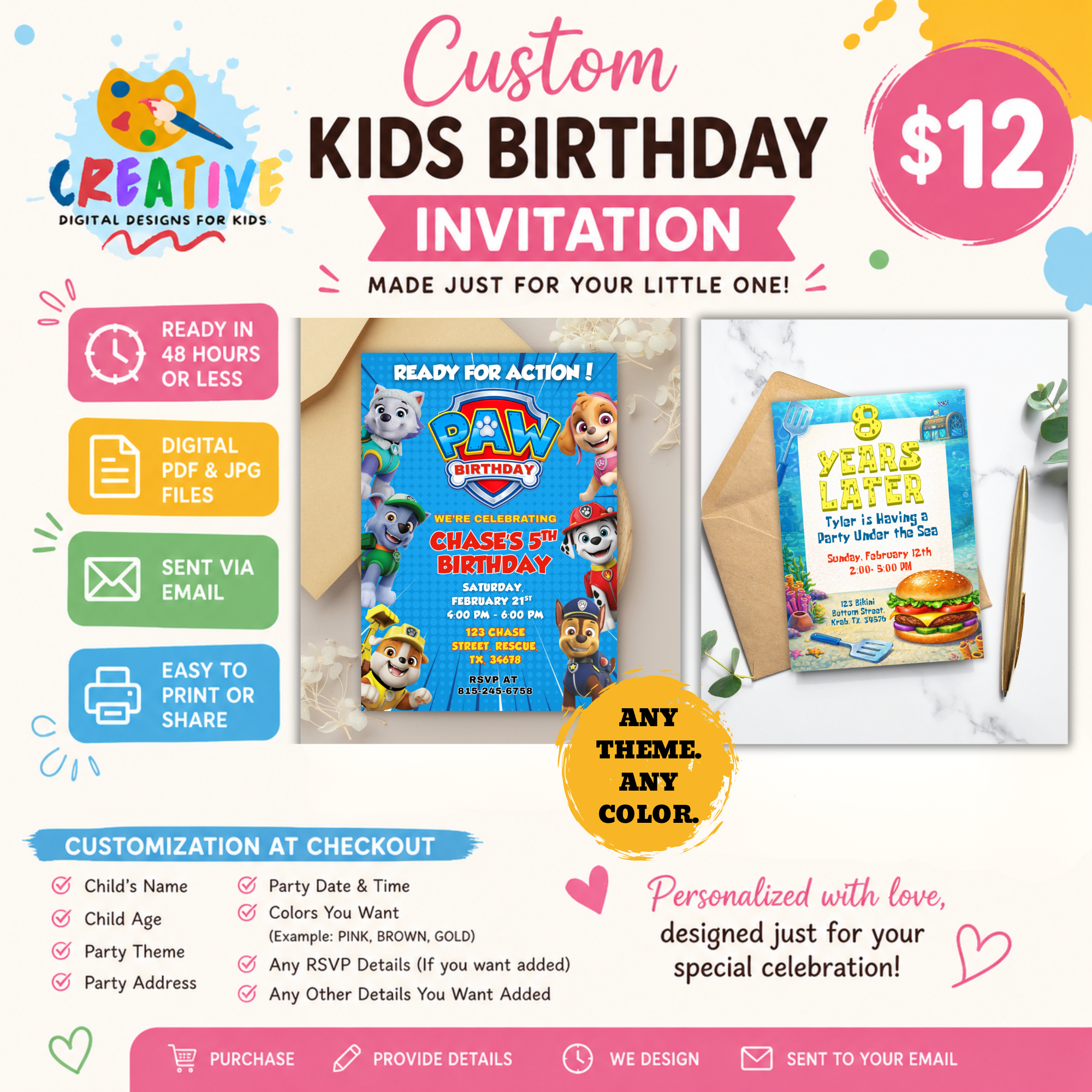 Custom Kids Birthday Invitation | Personalized Party Invite PDF & JPG | Any Theme, Digital Download